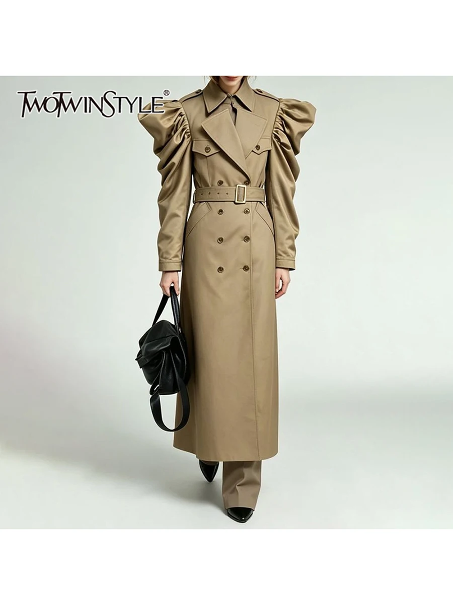 TWOTWINSTYLE Ruffle Spliced Pocket Loose Jacket for Women Lapel Collar Long Sleeve Patchwork Belt Casual Jackets Female Fashion