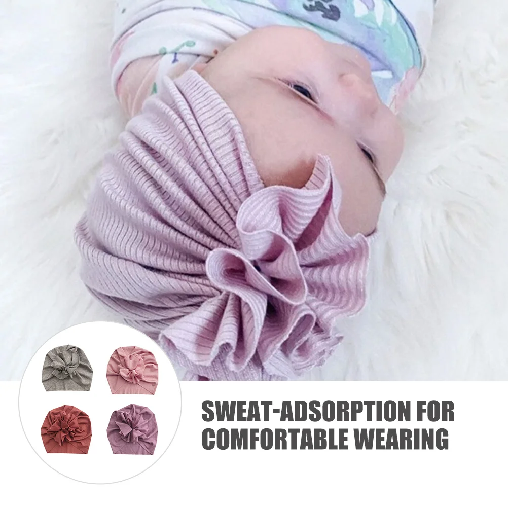 

4pcs Flowers Newborn Baby Cap Knit Beanie Soft Breathable Infant Headwear Hat For Toddler Kids Elastic Turban Sanitary Cap