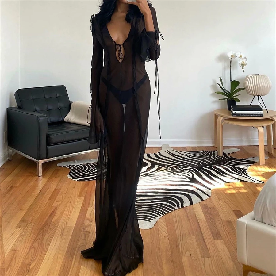 Long Dress Women Sexy Ruffles Mesh See Through Bodycon Dress Summer Beach Outfits Elegant Long Sleeve Club Party Dress 2023