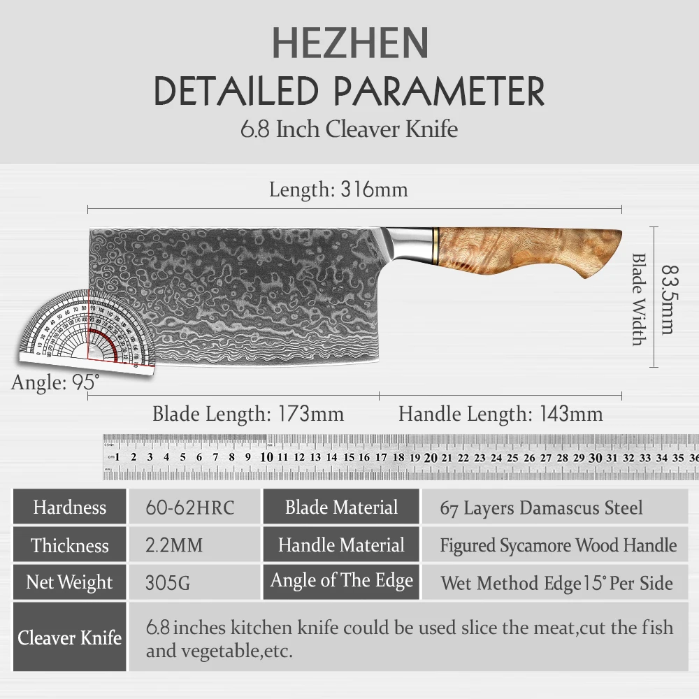 HEZHEN 6.8 Inch Cleaver Knife Professional 67 Layer Damascus Steel  Japanese Cook Knife Meat Fish Vegetable Kitchen Knife