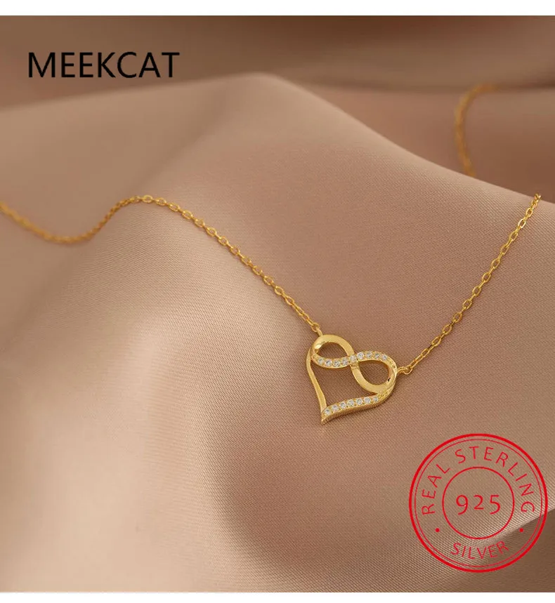 MEEKCAT Infinity Heart Pendant Necklace 925 Sterling Silver Choker Statement Necklace Women Silver 925 Jewelry Creative Chain