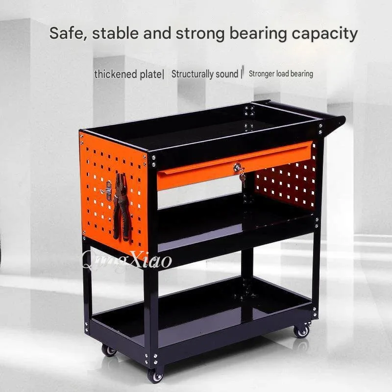 3 Drawer Brake Lockable Tool Cart With Side Hanging Panel For Auto Repair Workshop Mobile Service Parts Trolley Heavy Duty Steel