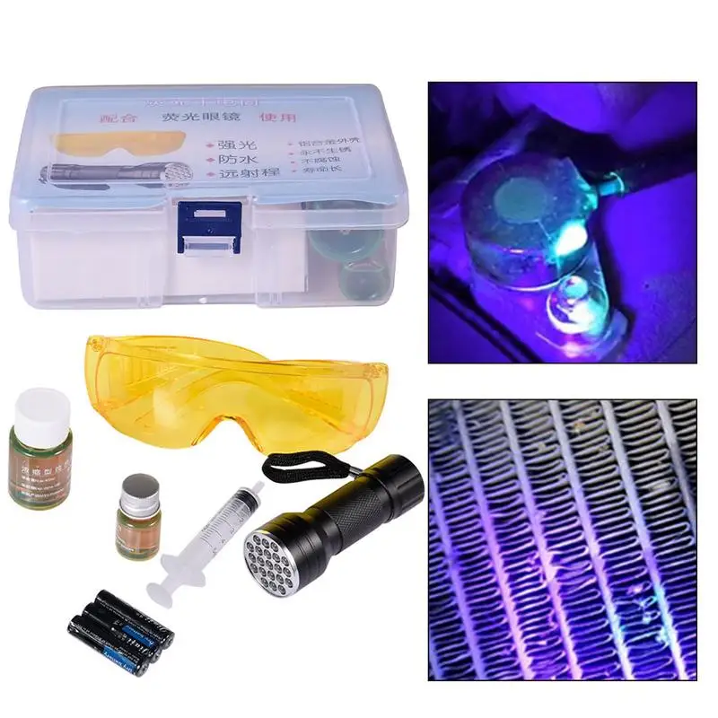 

Oil Leak Detection Kit Car Fluids & Air Conditioner Refrigerant Leak Detecting Accessories UV Dye Leak Detector Tool for car