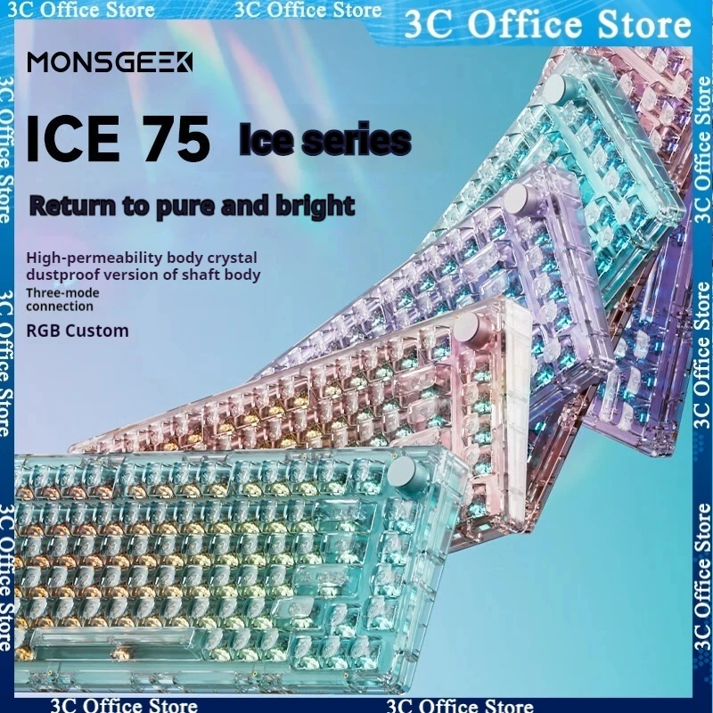 

Akko Magic Geek Ice75 Full Transparent Ice Wireless Bluetooth Mechanical Keyboard RGB Light Three Mode Hot Plug Customized Game