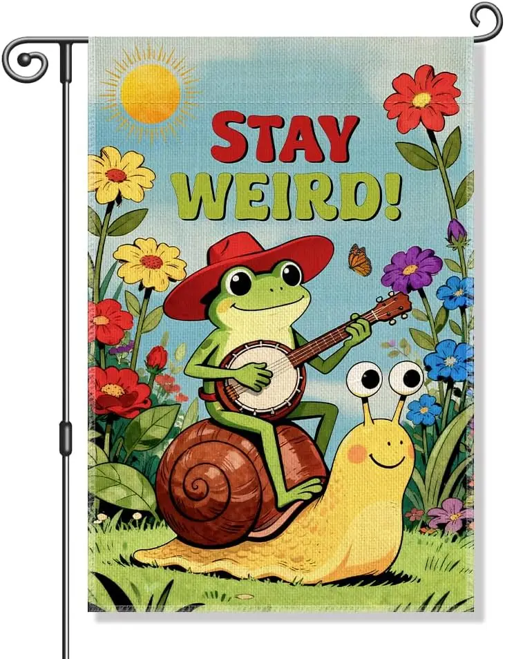Stay Weird Funny Garden Flag, Hippie Frog Snail Flag, Boho Kindness Peace LGBTQ Resist Equality Inclusive Yard Sign, Spring  PPZ