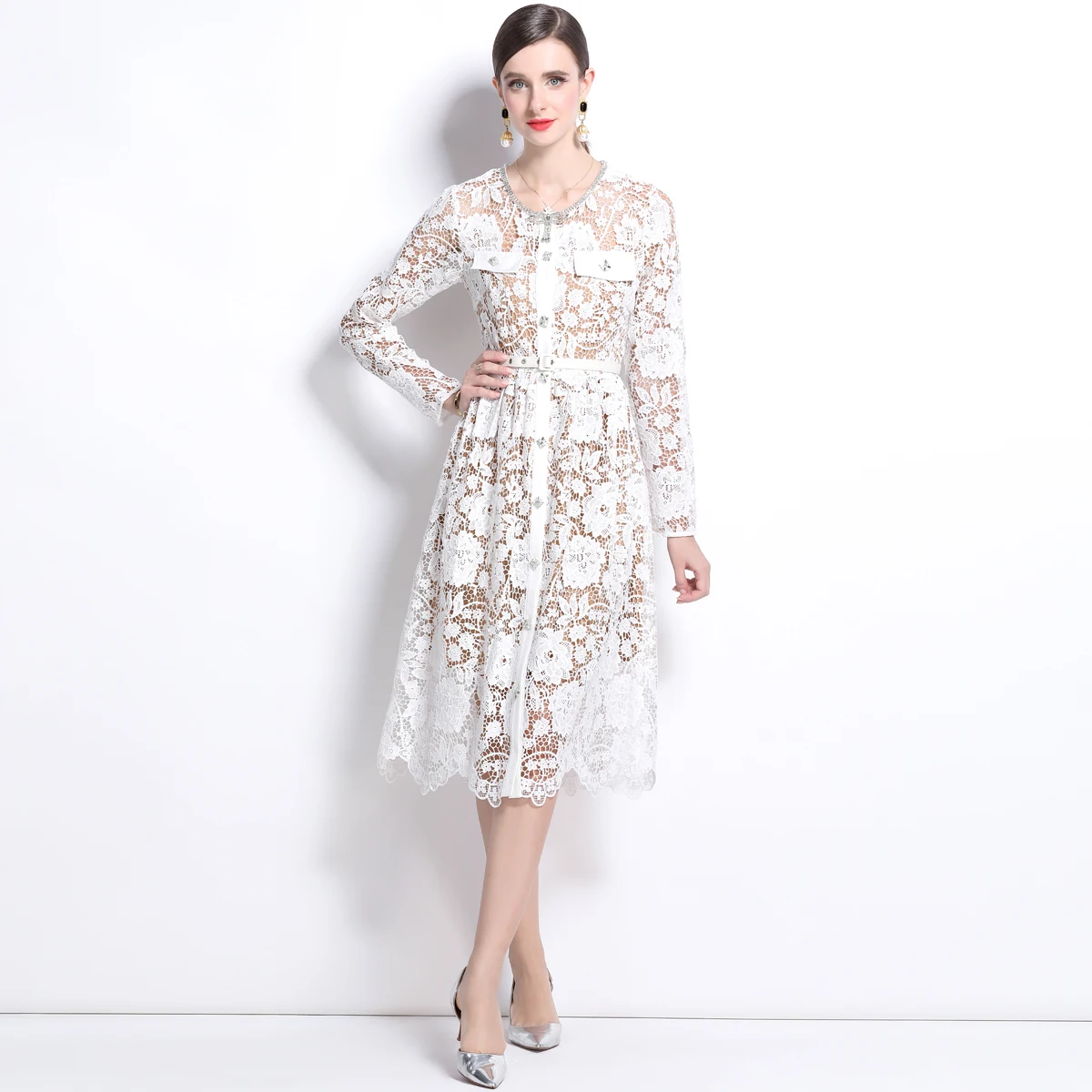 Quality Autumn Long Sleeve Midi White Lace Evening Dress Women Summer Autumn Beaded Diamonds Chain Bow Belt Prom Wedding Dresses