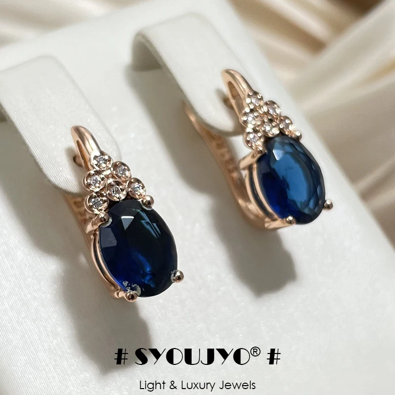 SYOUJYO Dark Blue Natural Zircon Drop Earrings For Women Vintage Bride Wedding Jewelry 585 Rose Gold Color Earrings Gift