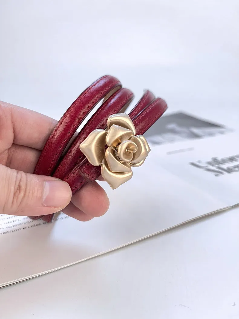 New leather women's thin belt women's flower waist thin cowhide with sweater dress belts for women luxury designer brand