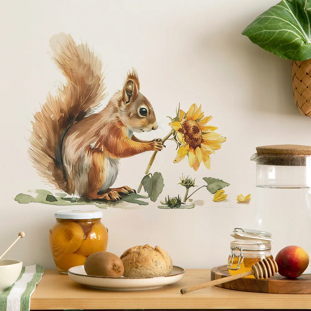 Gemalte Eichhörnchen Sonnenblume Wanda uf kleber für Kinderzimmer Cartoon Tiere Dekor Wandbild Schlafzimmer Wohnkultur selbst klebende Abziehbilder