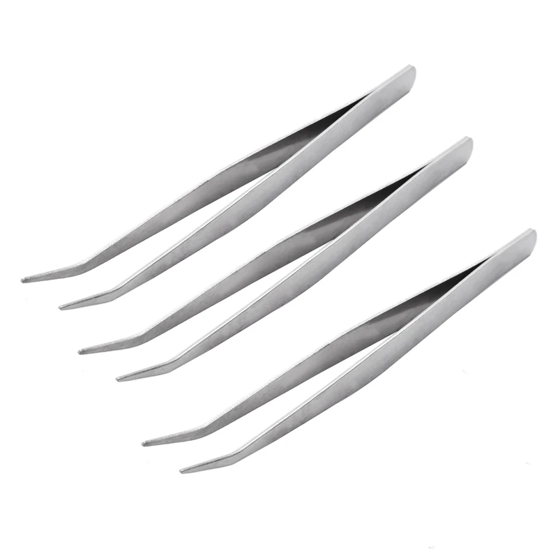 

3X 5.9" Long Silver Tone Bent Curved Tip Tweezers Forceps Plier Hand Tool