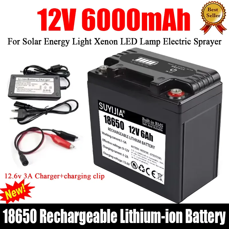 18650 Battery 12V 6Ah Rechargeable Lithium Battery Pack for Solar Energy Light Xenon LED Lamp Electric Sprayer +12.6v 3A Charger