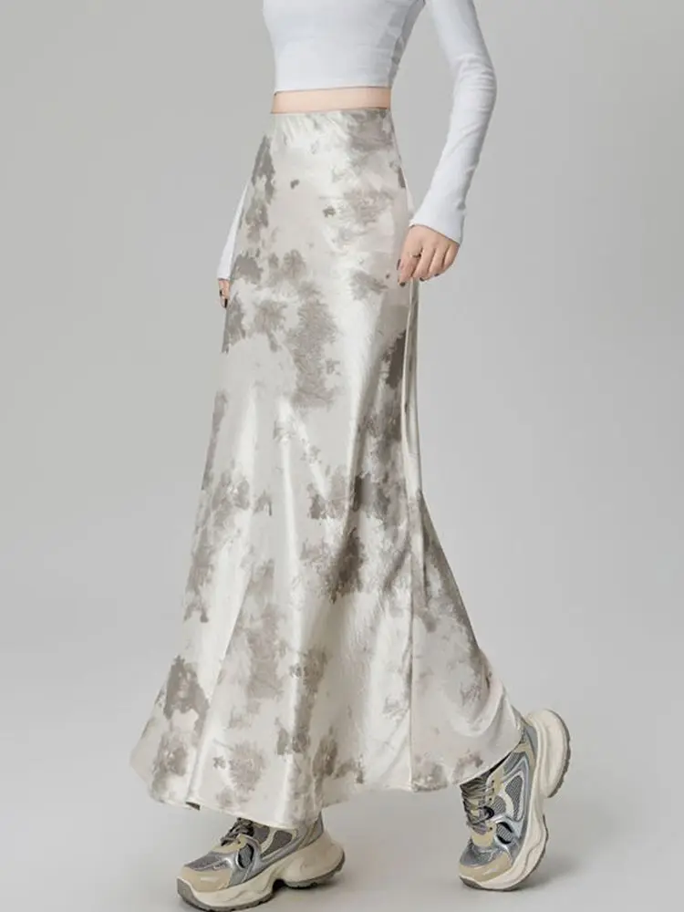 Elegantพิมพ์ผ้าไหมกระโปรงยาวผู้หญิง 2025 เกาหลีแฟชั่นY2kเสื้อผ้าFaldas Largas CasualสายสีดําMidiกระโปรงHarajuku