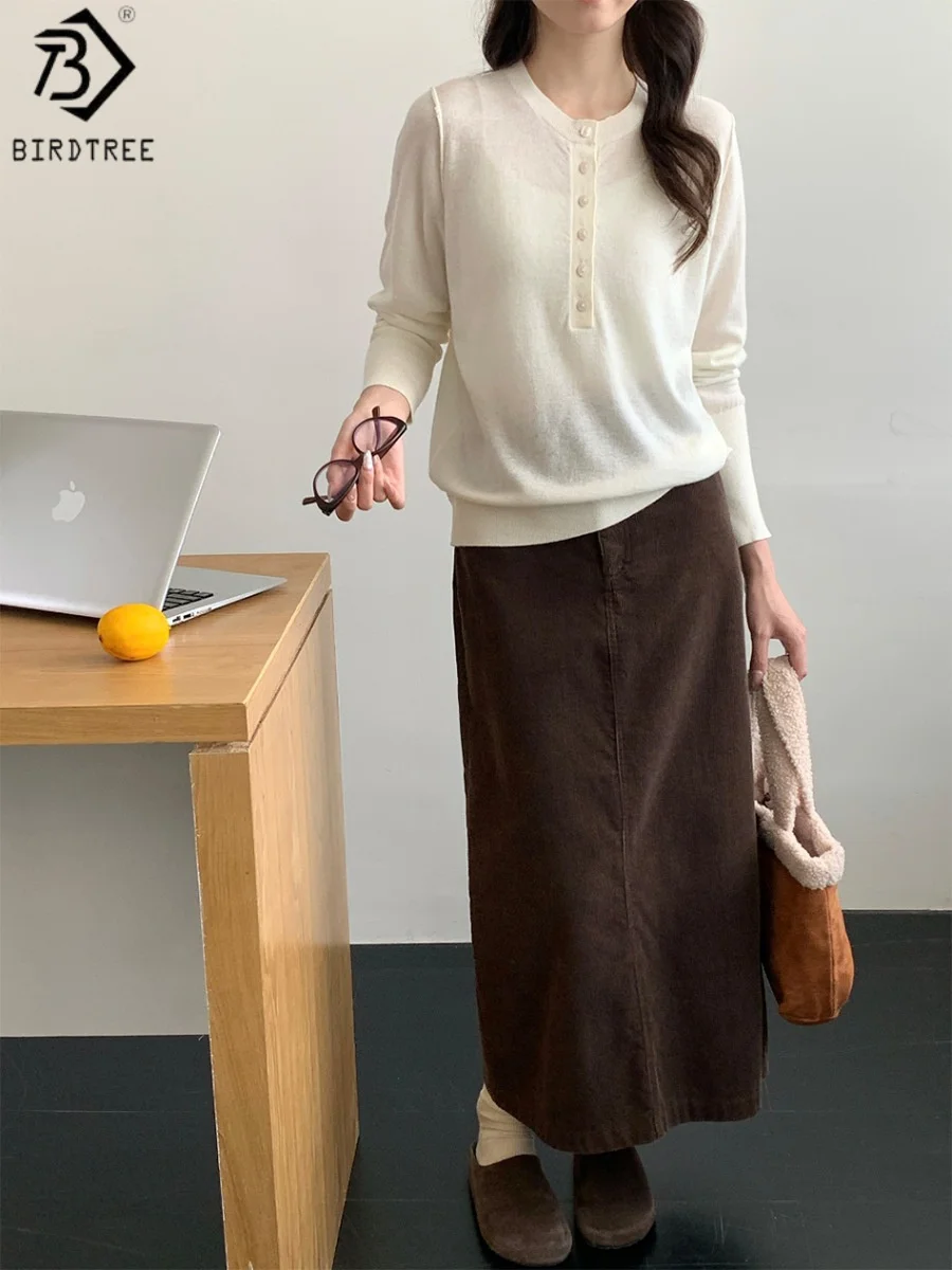 

Birdtree 100% Sheep Wool Solid Basics Sweater,Woman Half Breasted O-neck Autumn Full Sleeve Thin Soft Knit Shirt Tops T58541JF