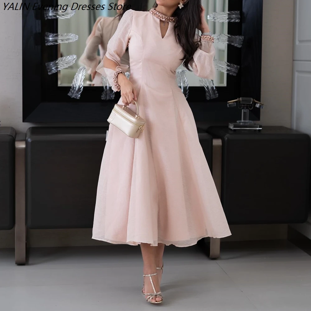 

Women's A-line Evening Dresses Tea-length High-neck Full Sleeve Prom Dresses Fashion Crystal Simple Draped Customized Gowns