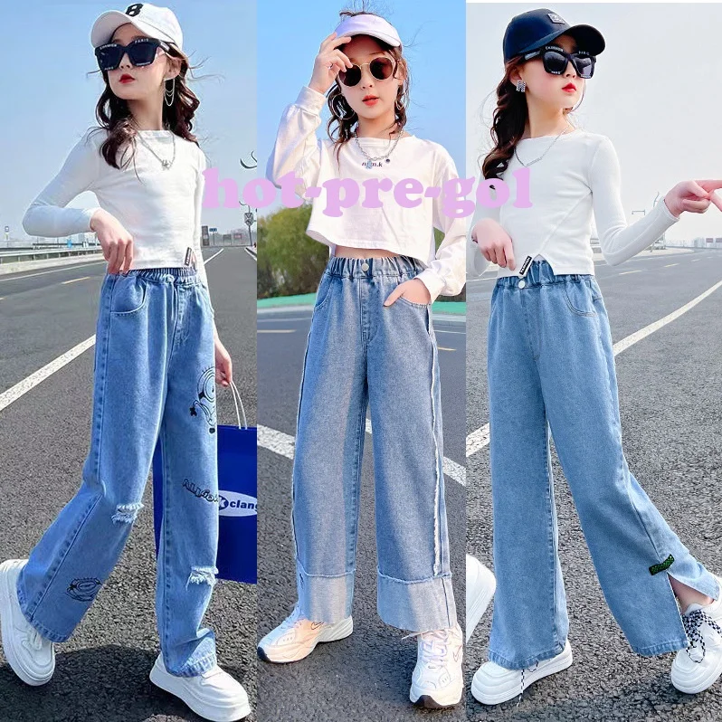 2024 Summer New Baby Girl Wide Leg Jeans Kids Girls Denim Pants Children Outwear Long Trousers Girl Clothing Fall Spring 90-160