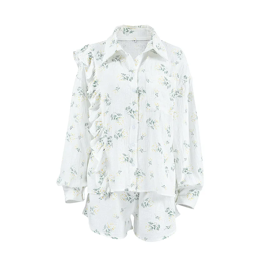 Pure Cotton Printed Ruffled Pajamas Set Soft Comfortable Long-sleeved Shorts 2PCS Women's Pajamas Nightwear