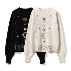 Women's Cosmic Stars Jacquard Knit Sweater, Round Neck, Oversized, Thick Pullover, Black, White, Autumn, Winter, 2024