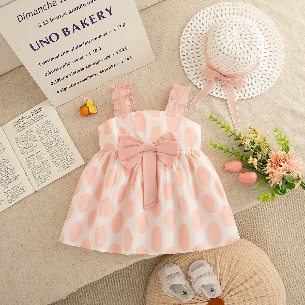 Baby Girl Dress Summer Bow And Dot Pattern Beach Casual Girl Kid's Dress Cute Simple Baby Girls Princess Dress With Hat