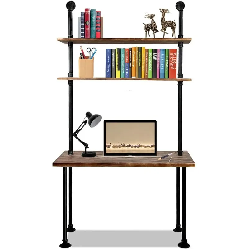 

79-inch Industrial Laptop Desk Solid Wood Computer Desk Wall Pipe Desk with Shelves Computer Table for Home Office (L:40