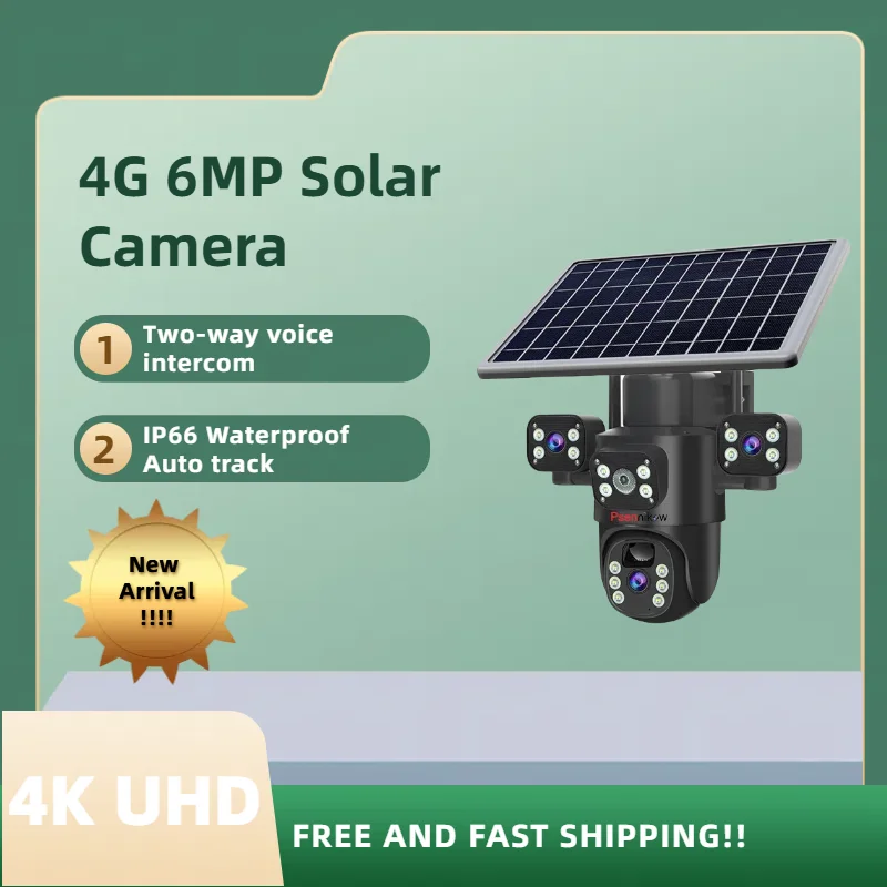 4K 6MP Security Outdoor Solar Camera 4G SIM/WIFI Three Lens Recording Humanoid Tracking Color Night Vision PIR Detect Camera