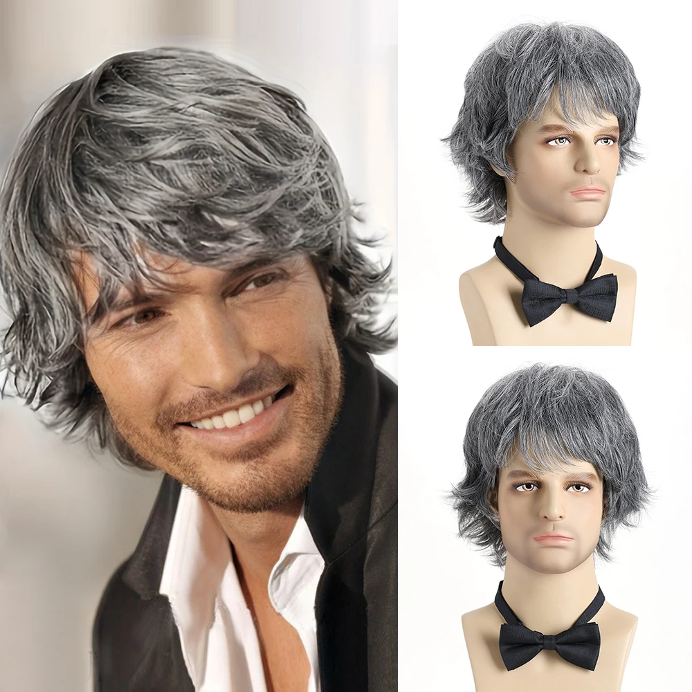 10 Inch Short Curly Synthetic  Mixed Grey Wig For Man Hair Heat Resistant Wigs With Bangs For Daily Use Halloween Wedding Ball