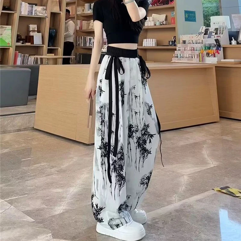 Ice Silk Chiffon Wide Leg Pants Oversize Loose Thin High Waist Drape Straight Pants Chinese Style Casual All Match Trousers New