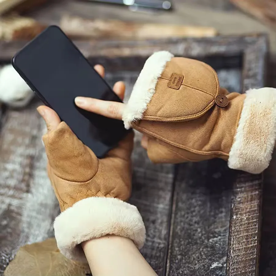 الشتاء الدافئة الوجه غطاء قفازات من جلد الغزال للنساء شاشة تعمل باللمس الصوف بطانة نصف اصبع قفازات مكتب في الهواء الطلق الكتابة قفازات الطالب #3