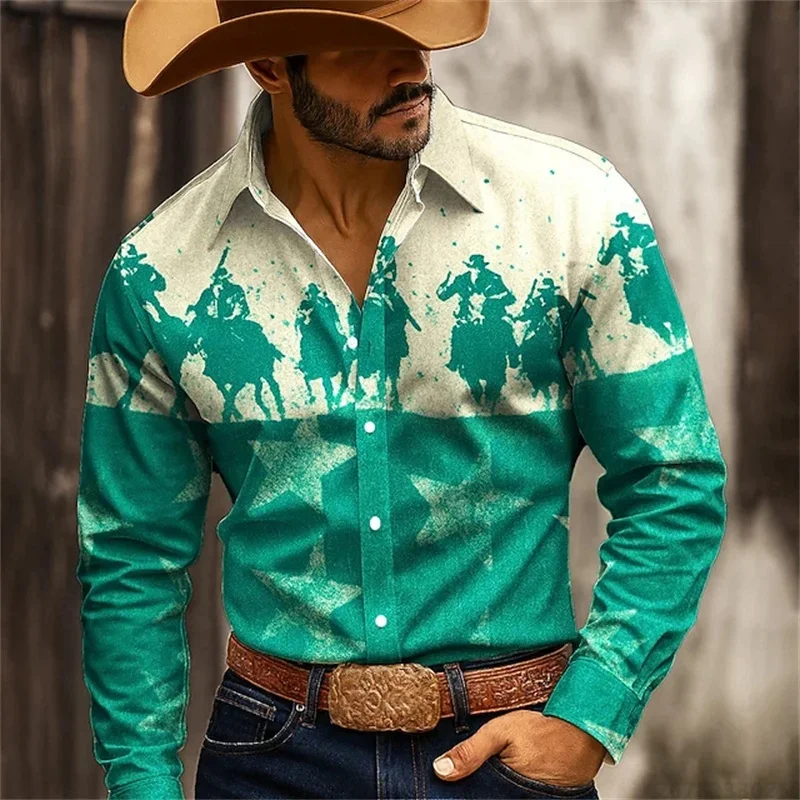 2026 new men's shirt 3D high-definition printing western cowboy style men's tops fashionable casual design comfortable fabric