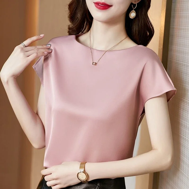 Summer Fashion Women Blouse Elegant Short Sleeve Shirts and Blouses Satin Basice Women Clothing Solid Corset Top New Ladies Tops