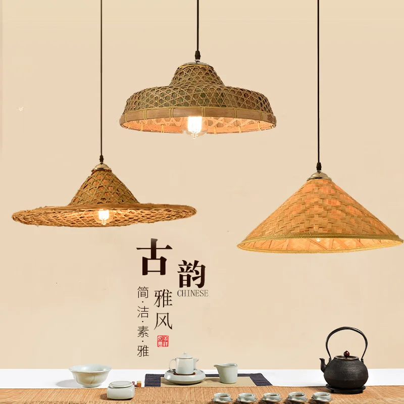 INS bamboo straw hat chandelier shade pastoral creative Chinese hot pot restaurant natural bedroom decoration lights