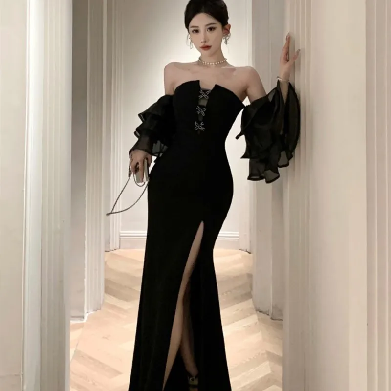 

Hepburn Style High Slit Black Tube Top Dress Women's Elegant Banquet Fishtail Long Skirt