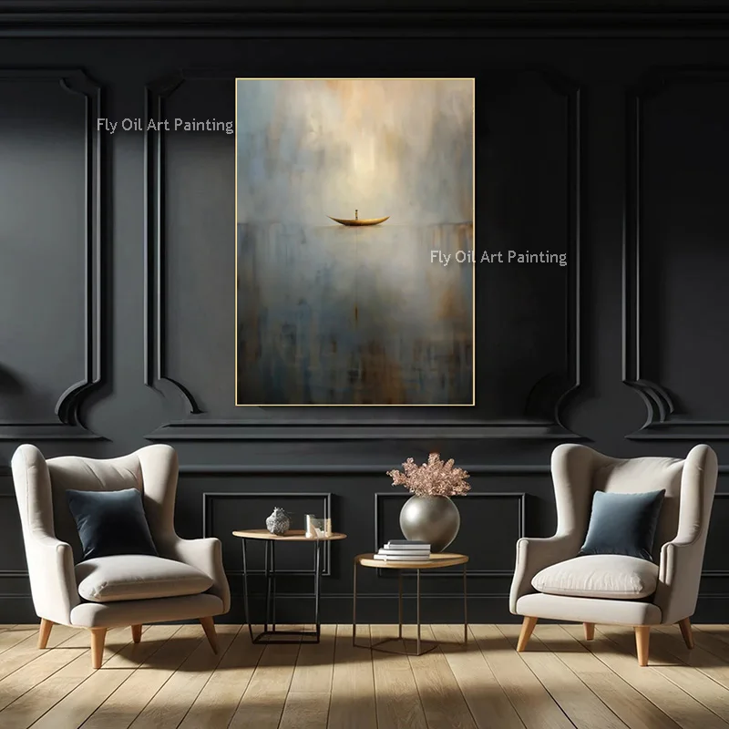 

Простой дизайн, модная картина маслом с изображением лодок синего и желтого цветов, декор для дома, ручная роспись, серо-бежевые люди, гребля, настенное искусство на холсте