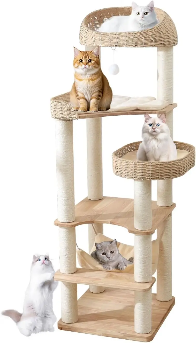 

62" Wooden Cat Tower for Large Cats, Solid Cat Tree with Scratching Posts & Hammock
