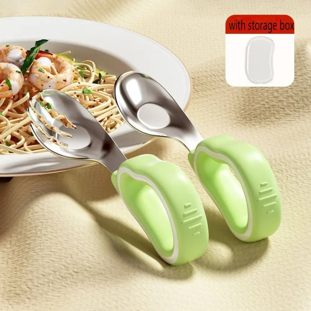 2Pcs Silicone Handle Baby Fork and Spoon Set Self Feeding with Storage Box Baby Cutlery 316 Stainless Steel Anti-Choke Design