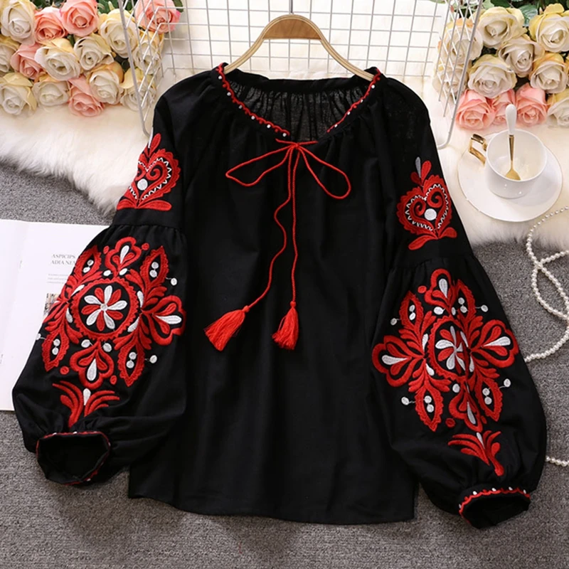 Casual Retro National Style Embroidery Lace Fringe V-Neck Blouse Lantern Sleeve Shirt Top Women\'s Loose Fashion Tops