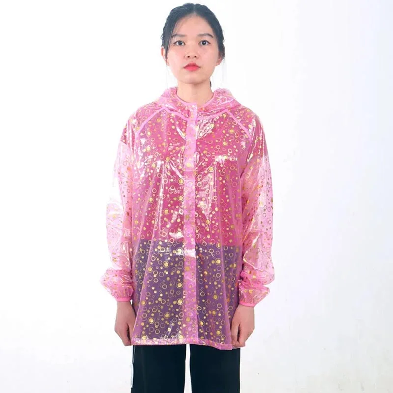 Plus Size Men Women TPU Plastic Printed Transparent Hooded Top Long Sleeves Loose Coat Waterproof Raincoat Sparkling Jacket