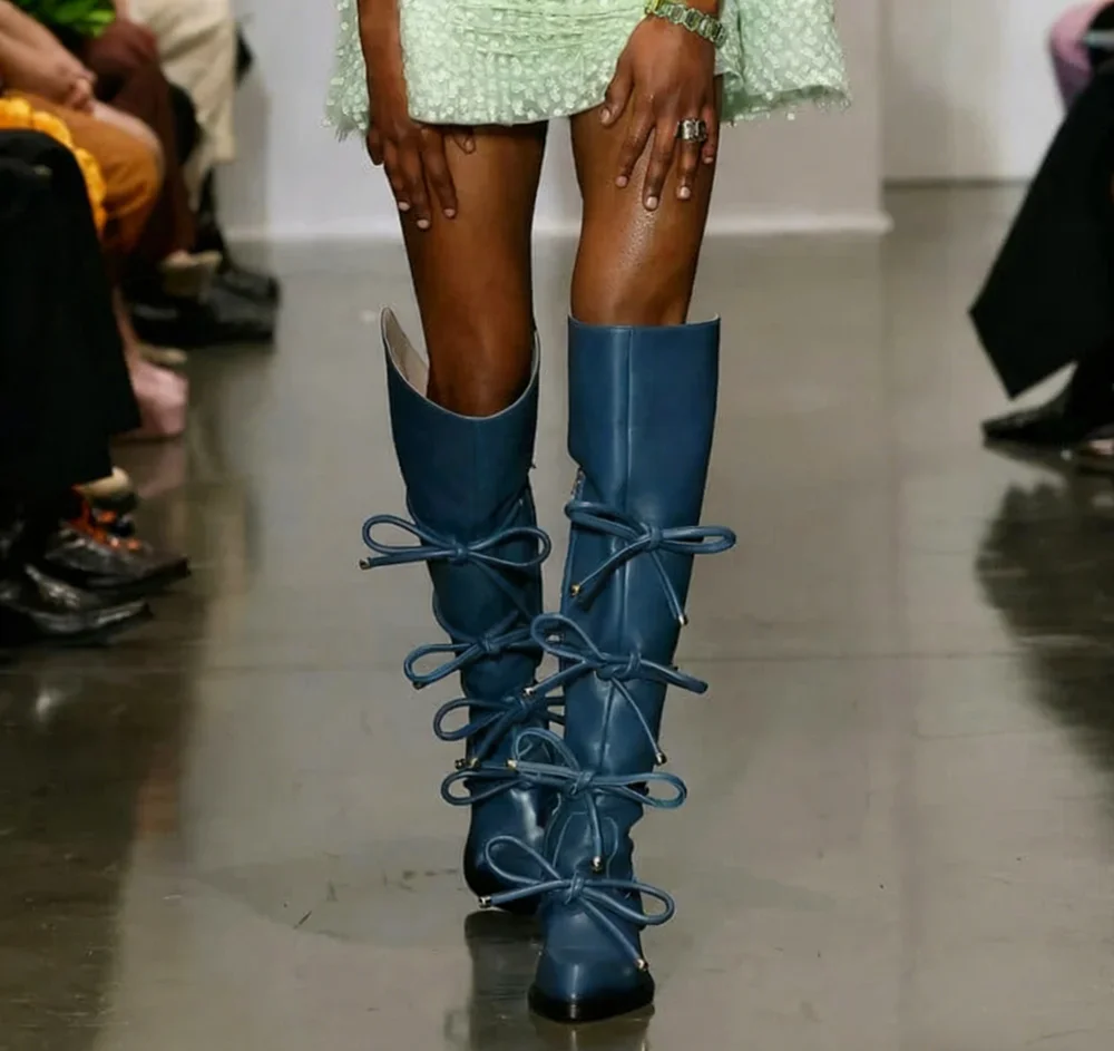 

Sweet Blue Leather Pointed Toe Knee-High Boots Low Block Heel Multiple Lace-Up Bow Details Elegant Evening Looks for Lady