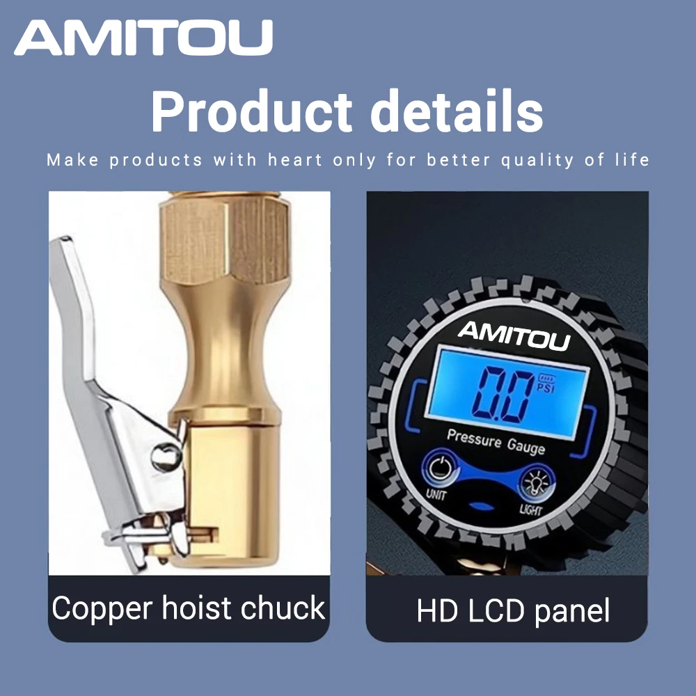 AMITOU เครื่องวัดความดันยางแบบดิจิตอลแบบพกพาหยุดอัตโนมัติ 250PSI สําหรับรถยนต์จักรยานรถจักรยานยนต์ Inflator หัว