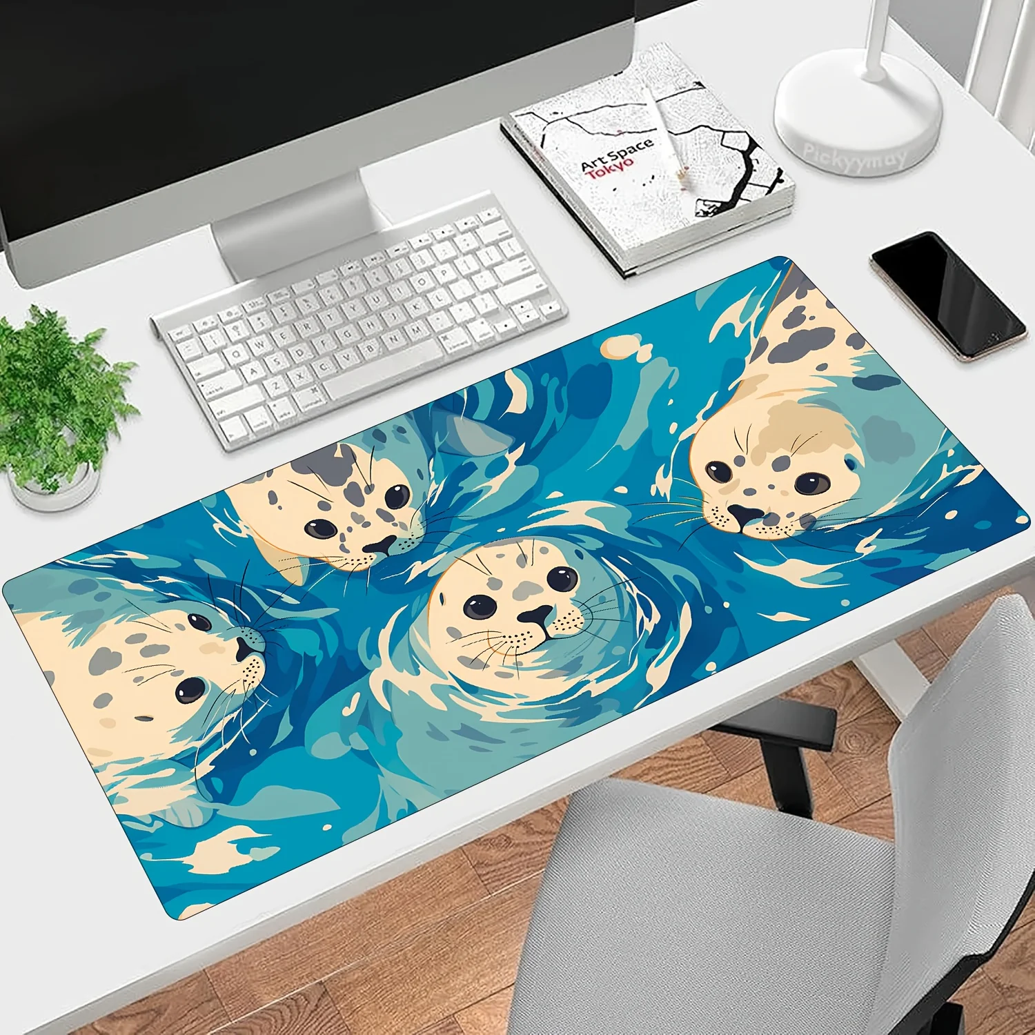 Cute Spotted Seal Swimming Large Extended Mouse Pad Smooth Non-Slip Rubber Desk Mat for Gaming Office