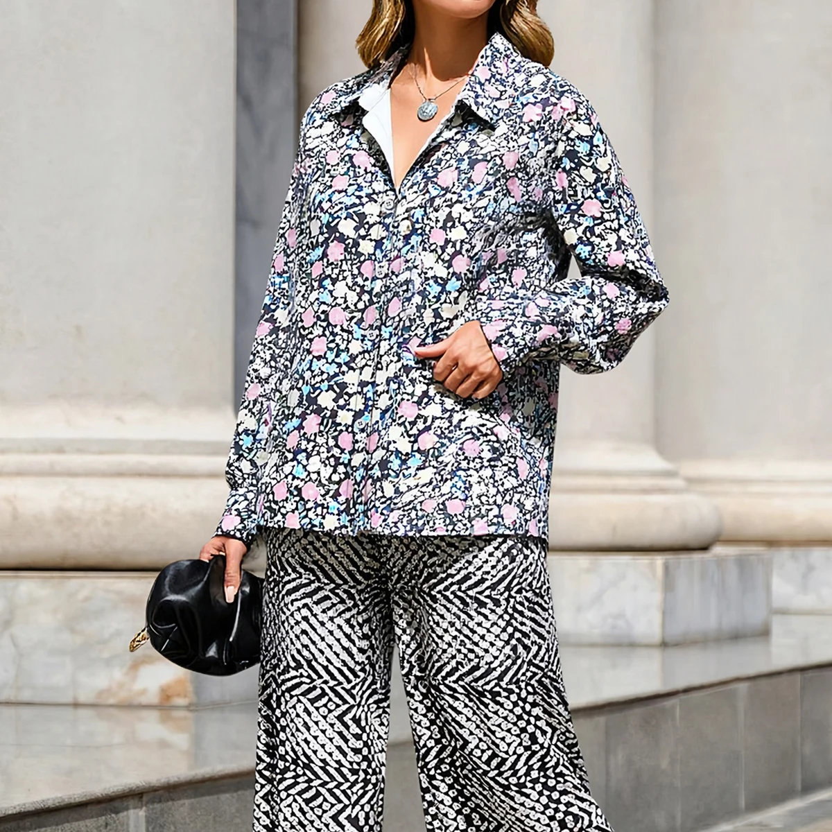 

Mia Muse Women's Autumn Shirts Fashion Daily Irregular Grain Full Print Single Breasted Cuff Sleeve Shirt Collar Shirts