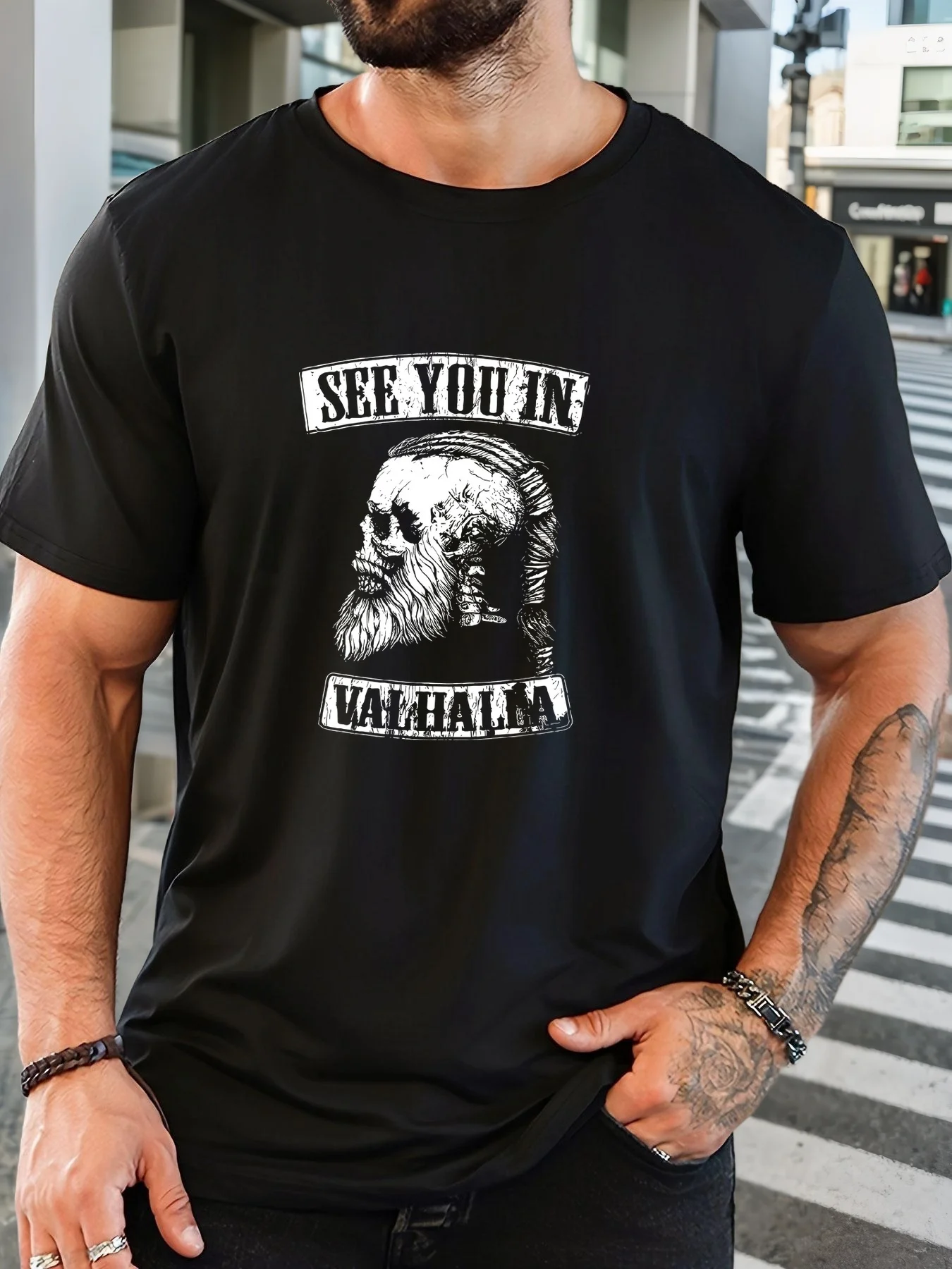 

Men's Viking Norse Warrior T-Shirt - See You in Valhalla Viking Print Boho Black Short Sleeve Tee Graphic Harajuku Men Clothing