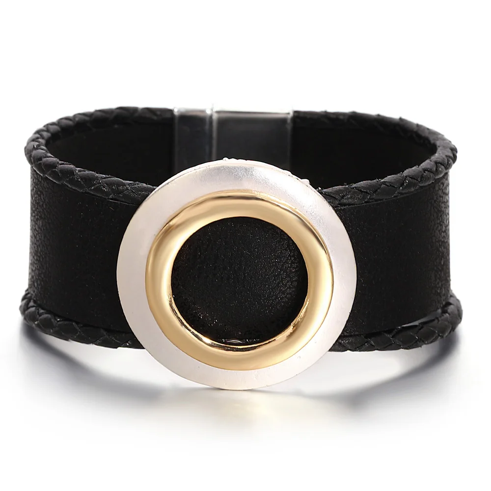 

ALLYES Simple Wide Braided Leather Bracelet for Women Men Boho Gold Silver Color Hollow Circle Wrap Bracelets Party Jewelry