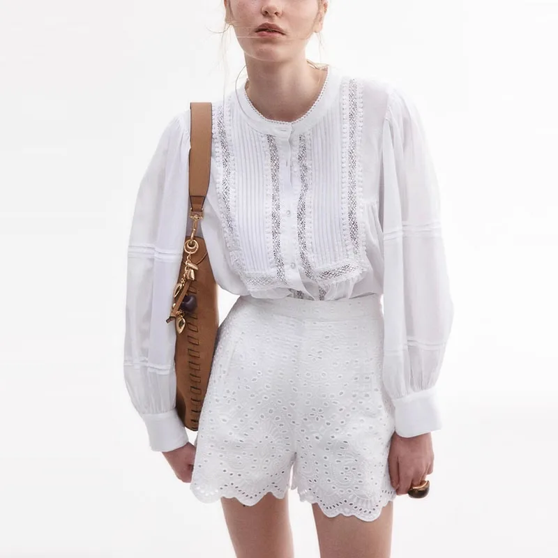 Lente 2025, dames Faion irt kanten rand lang Sve eenvoudige elegantie top Z polyestervezel pure kleur veelzijdige sle