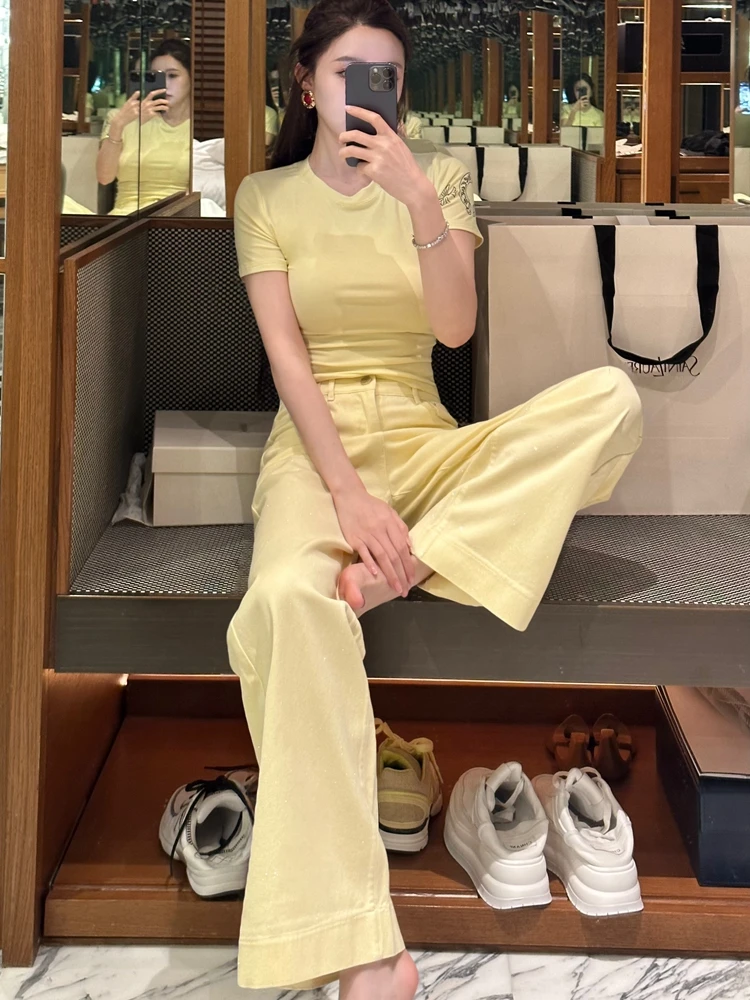 

Удобные универсальные светло-желтые широкие джинсы, повседневные однотонные джинсовые брюки для женщин, весна-лето, новое поступление