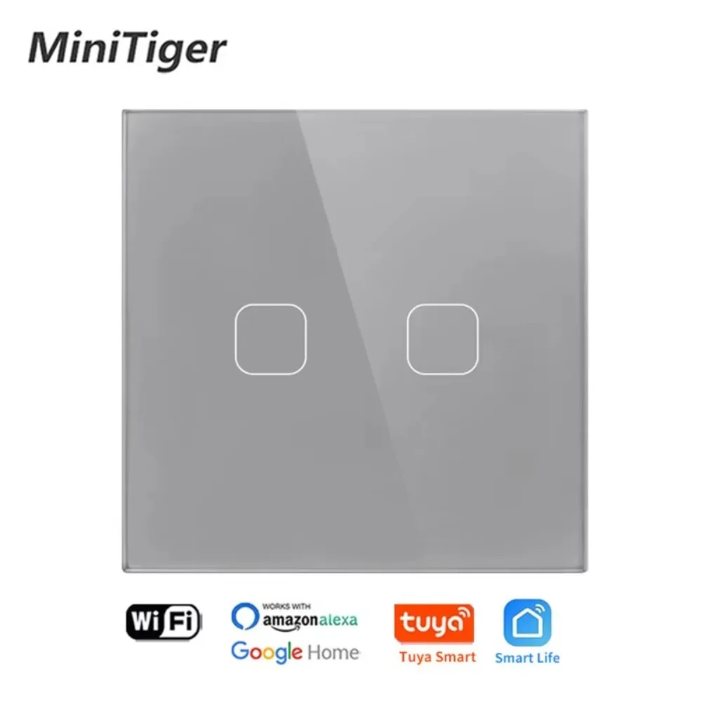 Minitiger Luxury 2 Gang Glass Panel Wifi Wall Touch Sensor Switch Smart Light Switch Control Compatible with Alexa Google Home