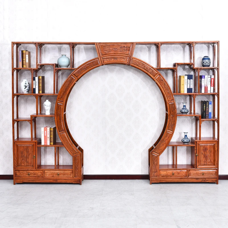 Antique retractable moon cave door partition porch living room background Chinese antique bogu frame solid wood moon round door
