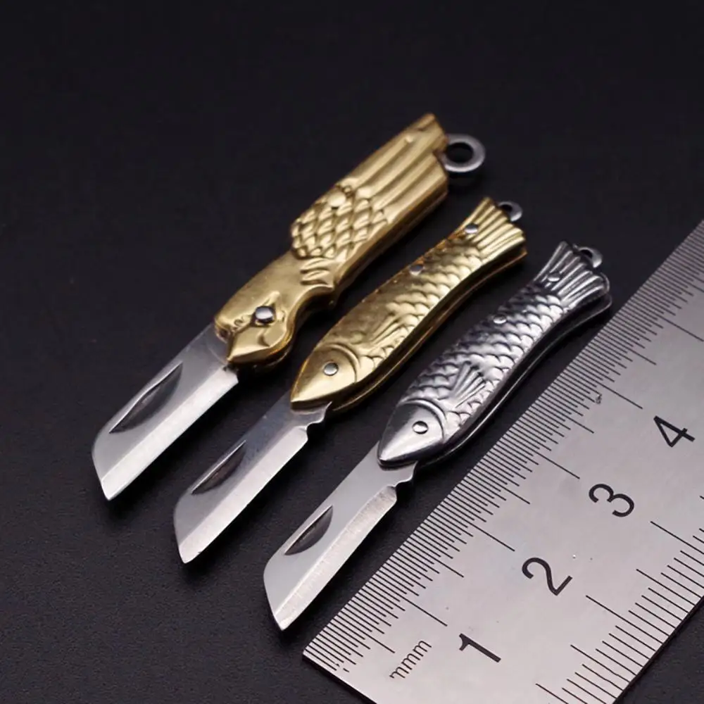 Folding Brass Pocket Knife Mini Brass Keychain Pendant Cleaver Blade Cutter Tool Open Express Portable Knife Kitchen Accessories