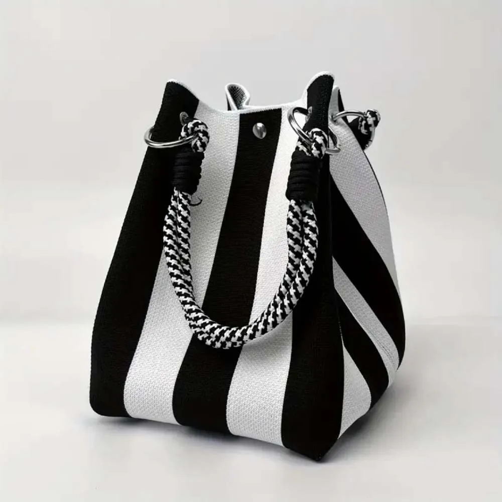 Sweet Women Knitted Handbag Large Capacity Korean Style Stripe Small Bag Magnetic Button Japanese Style Handheld Commuting Pouch