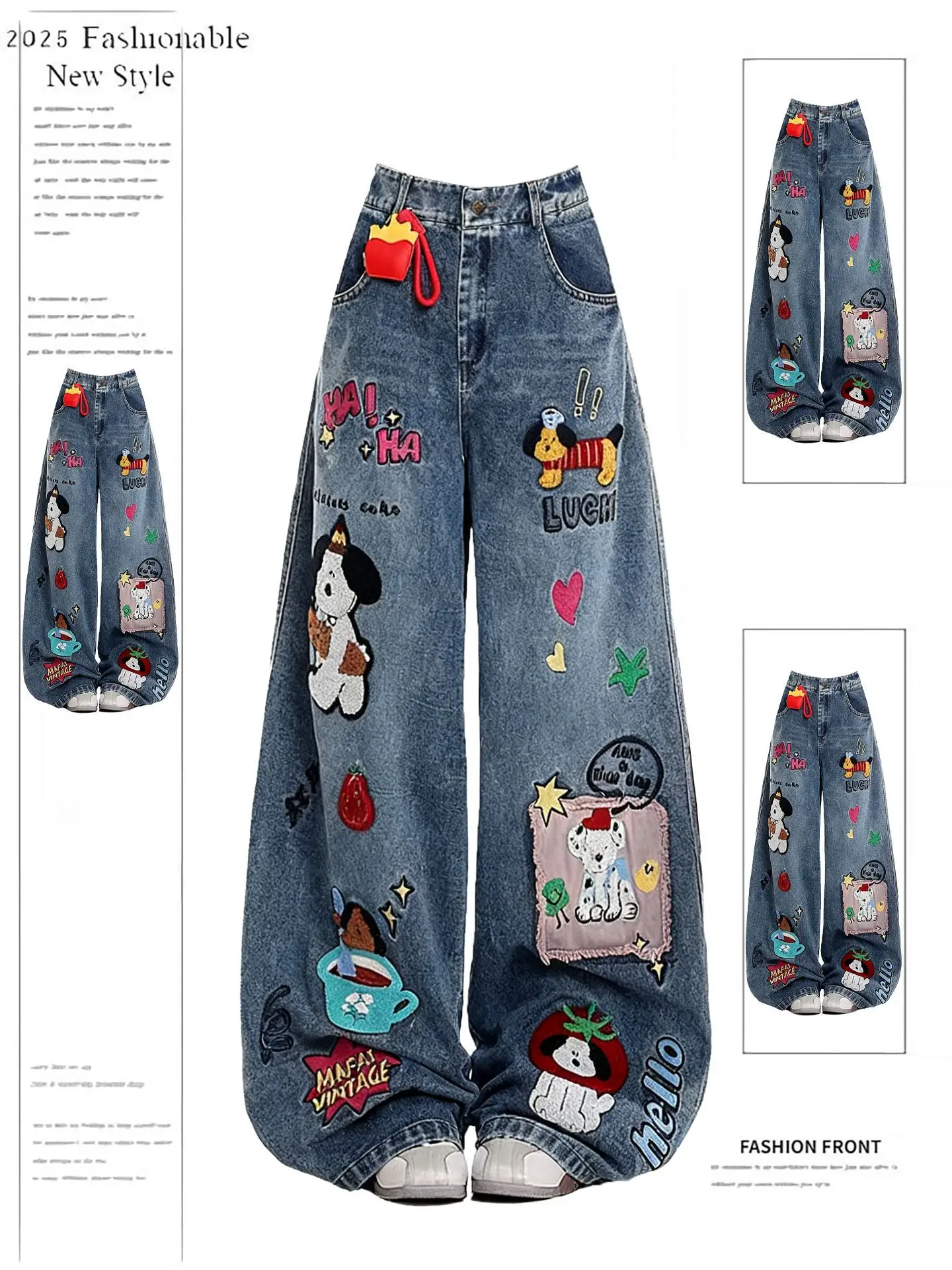 

Свободные женские джинсы с вышивкой в американском стиле Sle, прямые широкие брюки с высокой талией, длинные зимние брюки