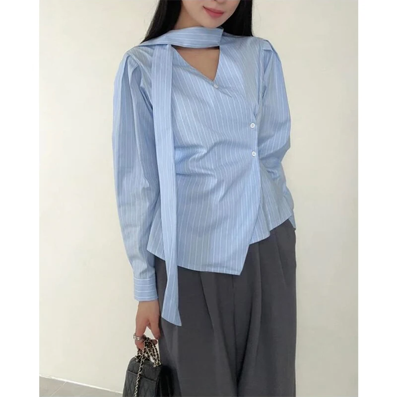 

MEXZT Elegant Striped Shirts Women Fashion Irregular White Blouses Office Ladies Korean V Neck Long Sleeve Slim Design Tops New